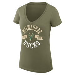 Milwaukee Bucks G-III 4Her by Carl Banks Women's Super-Slim Fit Lightweight Large City Logo V-Neck T-Shirt - Olive outlet