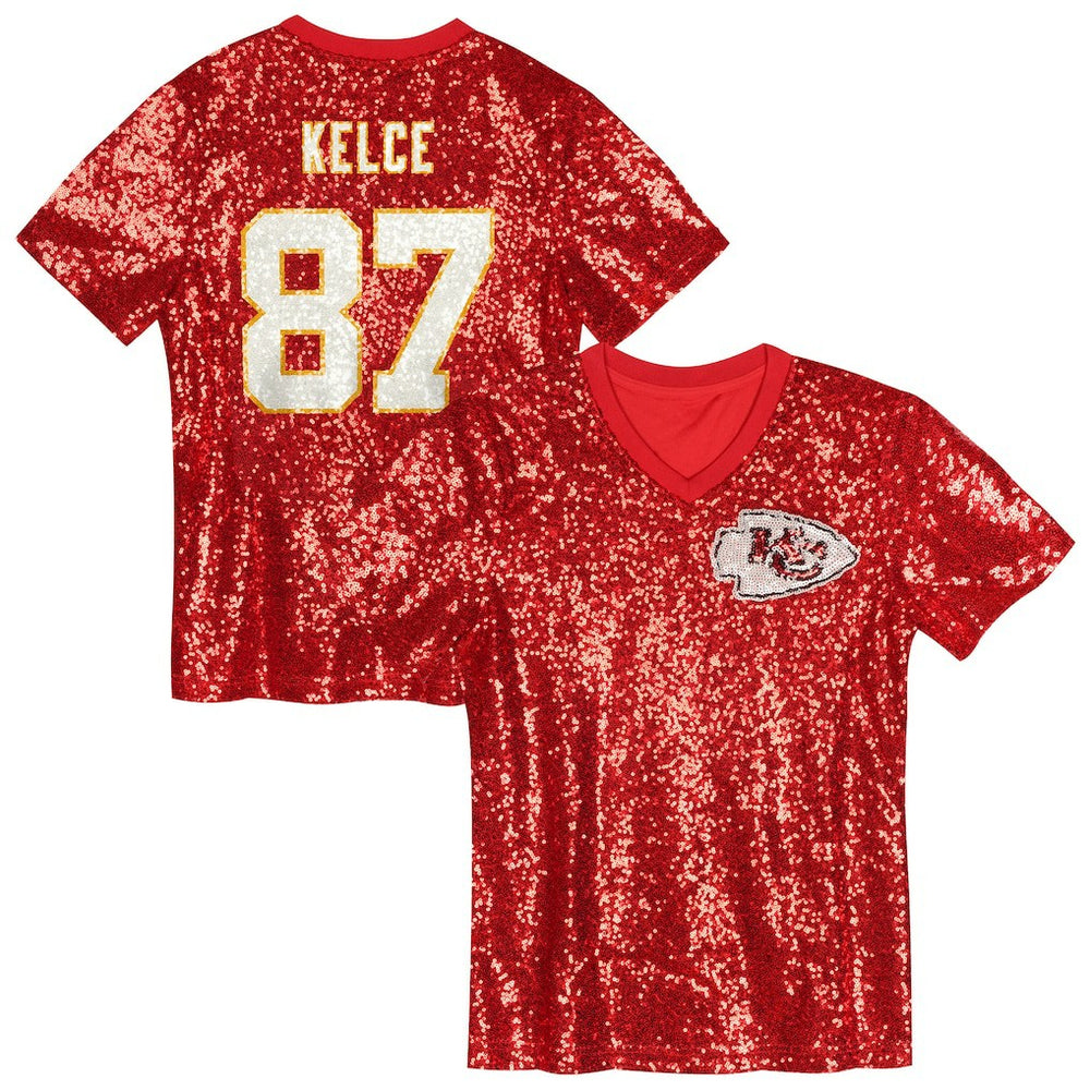 NFL Kansas City Chiefs Travis Kelce Girls Youth Sequin V-Neck Fashion Jersey