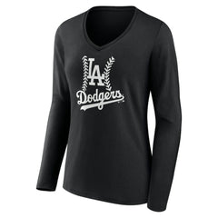 Los Angeles Dodgers Women's Personalized Name & Number Fastball Long Sleeve V-Neck T-Shirt - Black