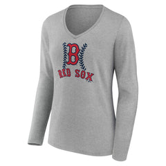 Boston Red Sox Women's Personalized Name & Number Fastball Long Sleeve V-Neck T-Shirt - Gray