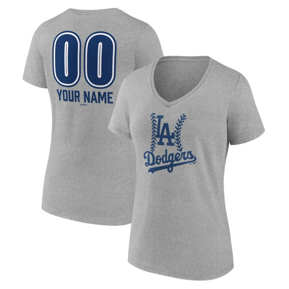 Los Angeles Dodgers Women's Personalized Name & Number Fastball V-Neck T-Shirt - Gray