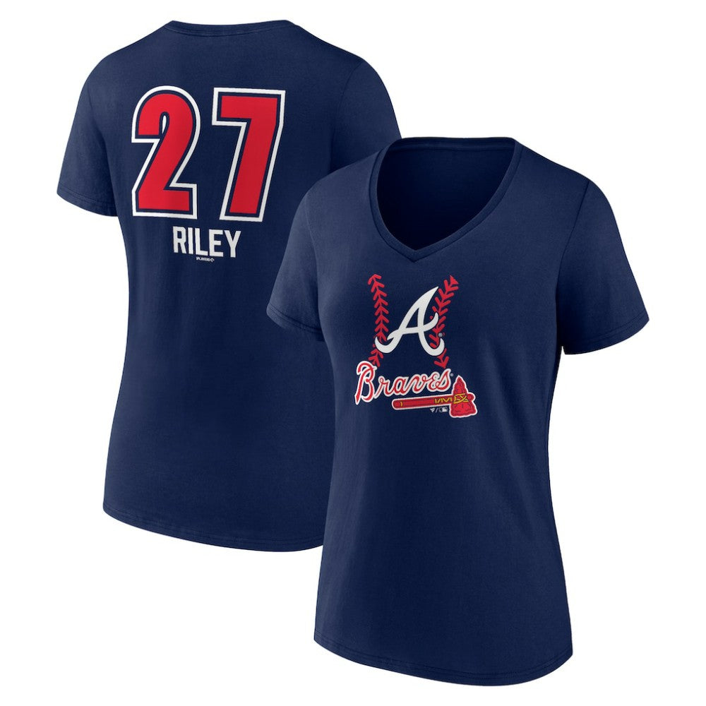 Austin Riley Atlanta Braves Women's Fastball Player Name & Number V-Neck T-Shirt - Navy