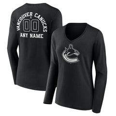 Vancouver Canucks Women's Personalized Name & Number Monochrome Long Sleeve V-Neck T-Shirt