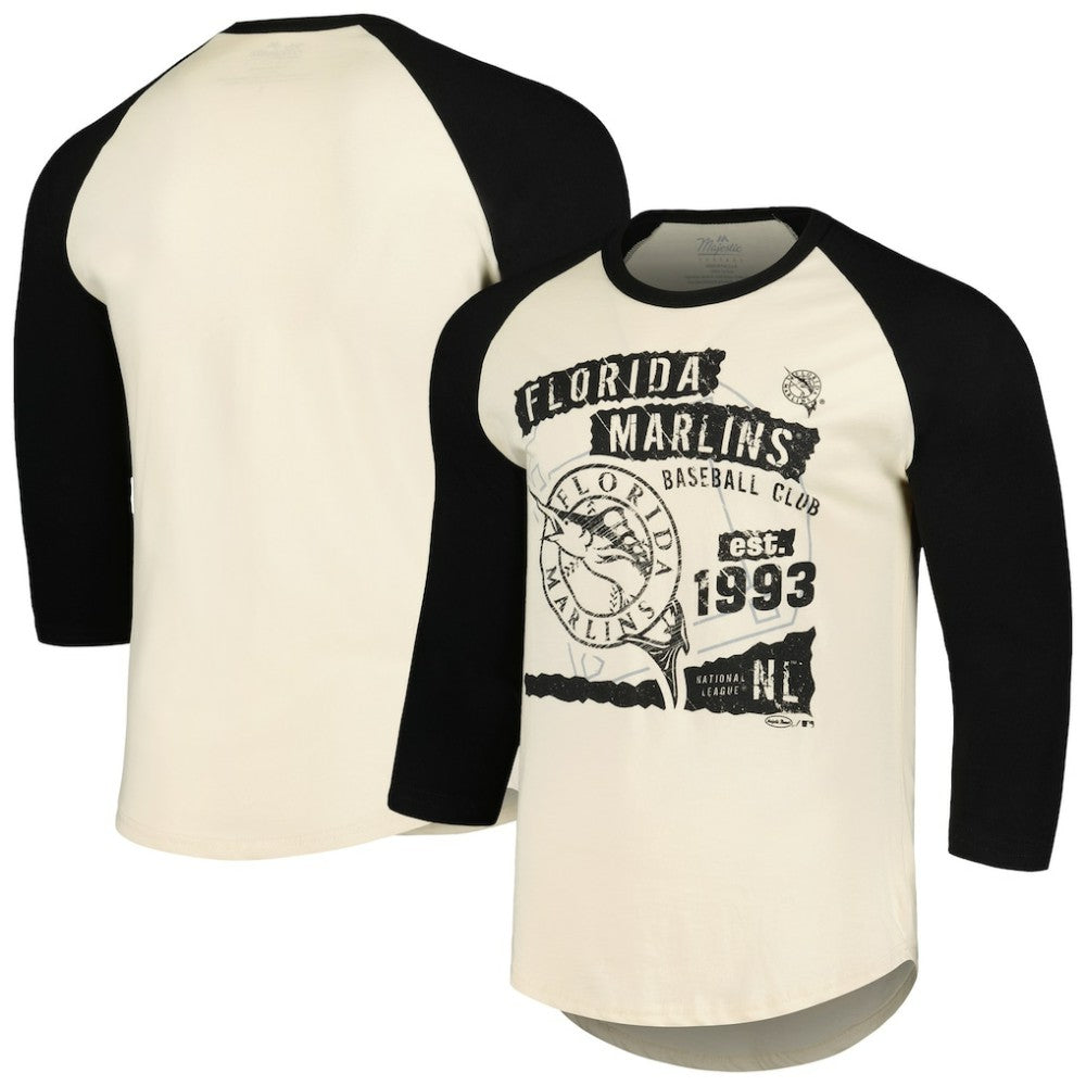 Miami Marlins Majestic Threads Raglan 3/4-Sleeve T-Shirt - Cream/Black