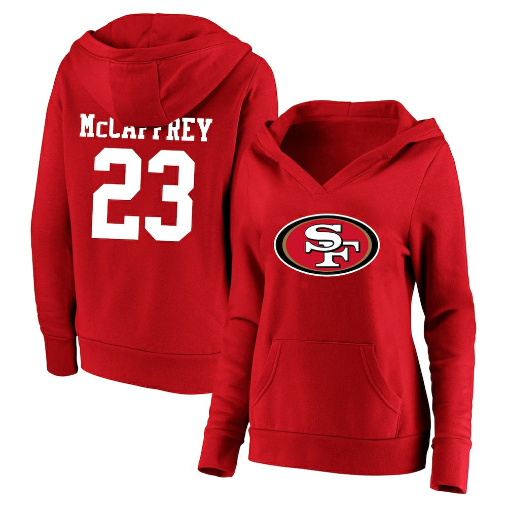 NFL San Francisco 49ers Christian McCaffrey Women's Plus Size Player Name & Number V-Neck Pullover Hoodie