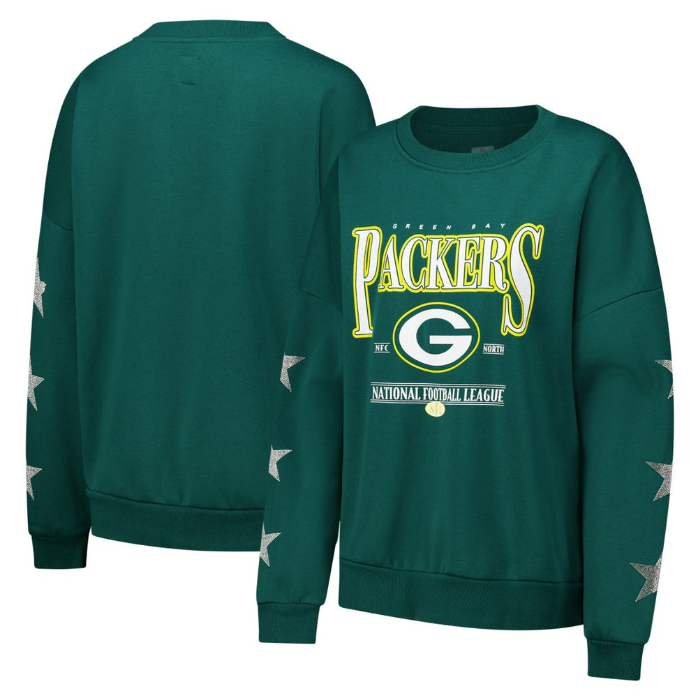 NFL Green Bay Packers Gameday Couture Women's Rhinestone Star Sleeve Settle the Score Oversized Pullover Sweatshirt