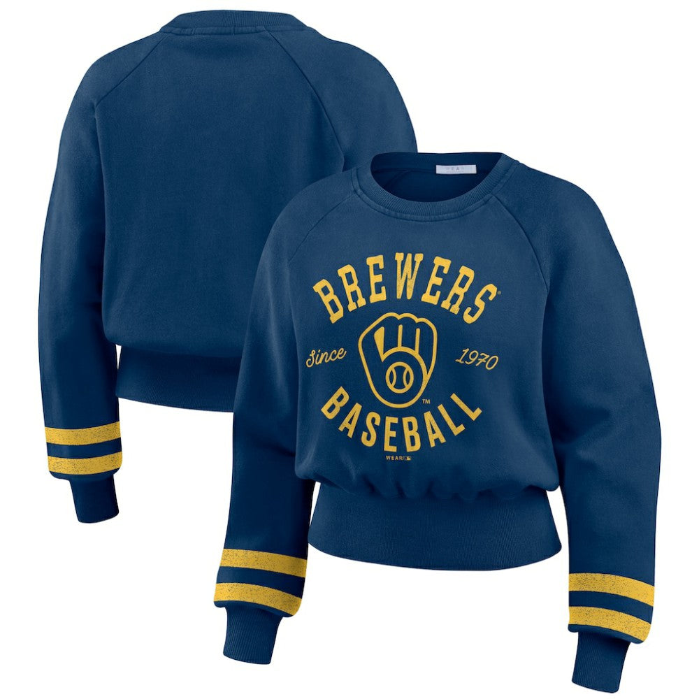 Milwaukee Brewers WEAR by Erin Andrews Women's Vintage Washed Cropped Pullover Sweatshirt - Navy