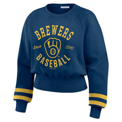 Milwaukee Brewers WEAR by Erin Andrews Women's Vintage Washed Cropped Pullover Sweatshirt - Navy