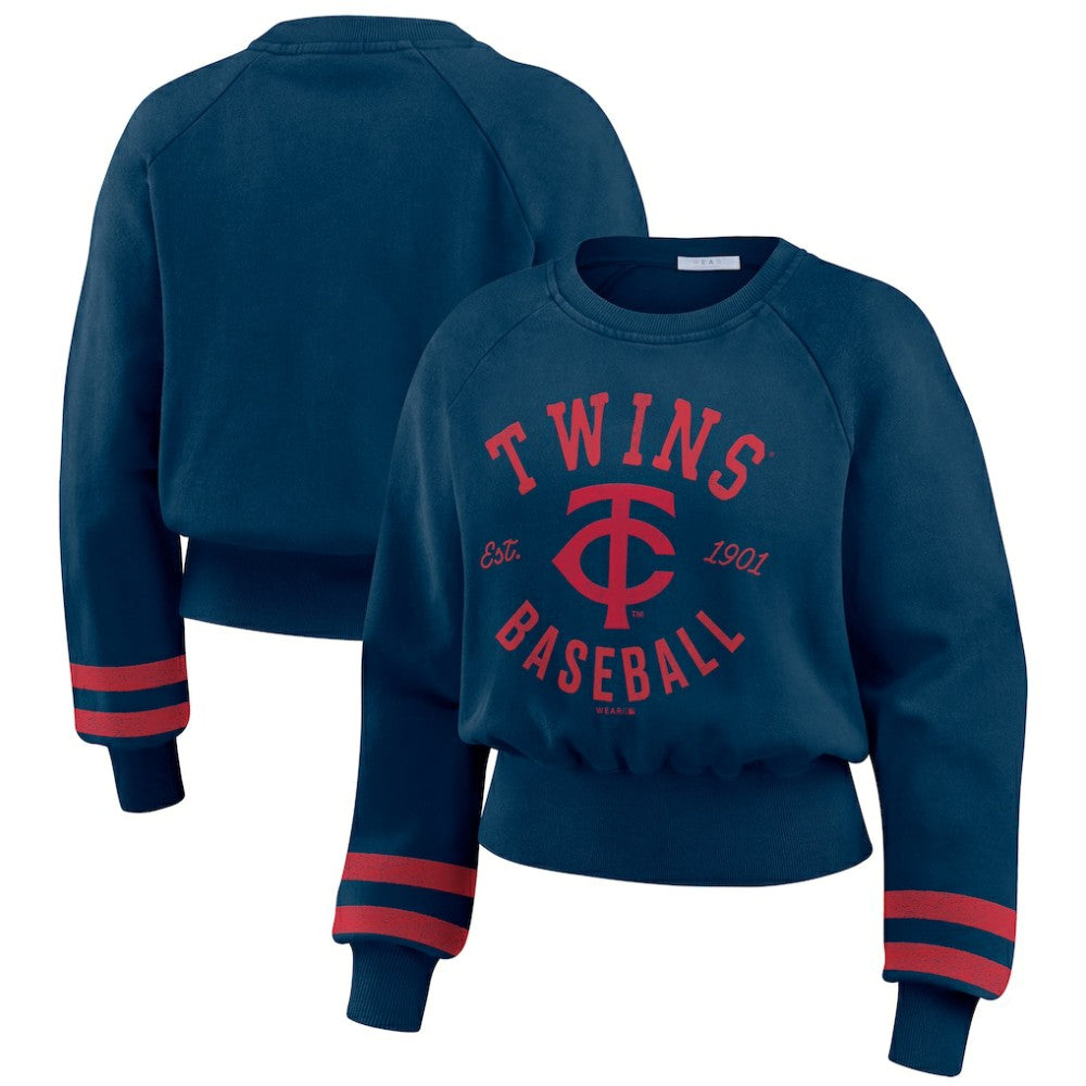 Minnesota Twins WEAR by Erin Andrews Women's Vintage Washed Cropped Pullover Sweatshirt - Navy
