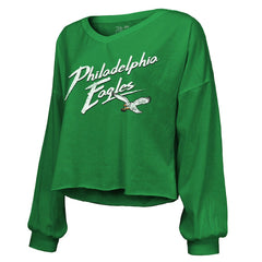 NFL Philadelphia Eagles Saquon Barkley Majestic Threads Women's Name & Number Off-Shoulder Script Cropped Long Sleeve Relaxed V-Neck T-Shirt