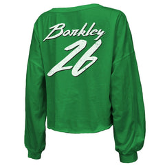 NFL Philadelphia Eagles Saquon Barkley Majestic Threads Women's Name & Number Off-Shoulder Script Cropped Long Sleeve Relaxed V-Neck T-Shirt