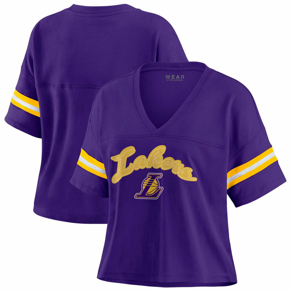 Los Angeles Lakers WEAR by Erin Andrews Women's Plus Size Color Block Boxy V-Neck T-Shirt - Purple on sale