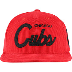 Chicago Cubs Male Adult Corduroy Snapback Hat - Red | Mitchell & Ness