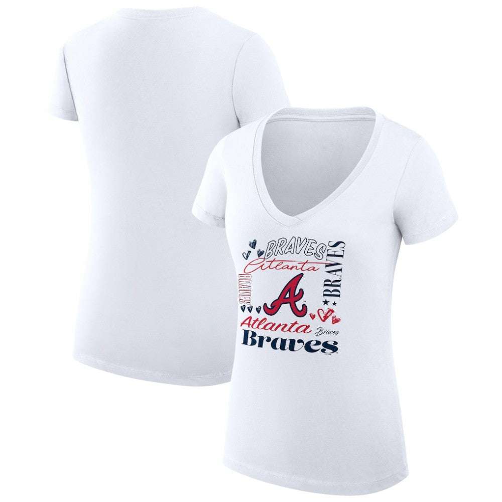 Atlanta Braves G-III 4Her by Carl Banks Women's Super-Slim Fit Lightweight Collage Team Graphic V-Neck T-Shirt - White