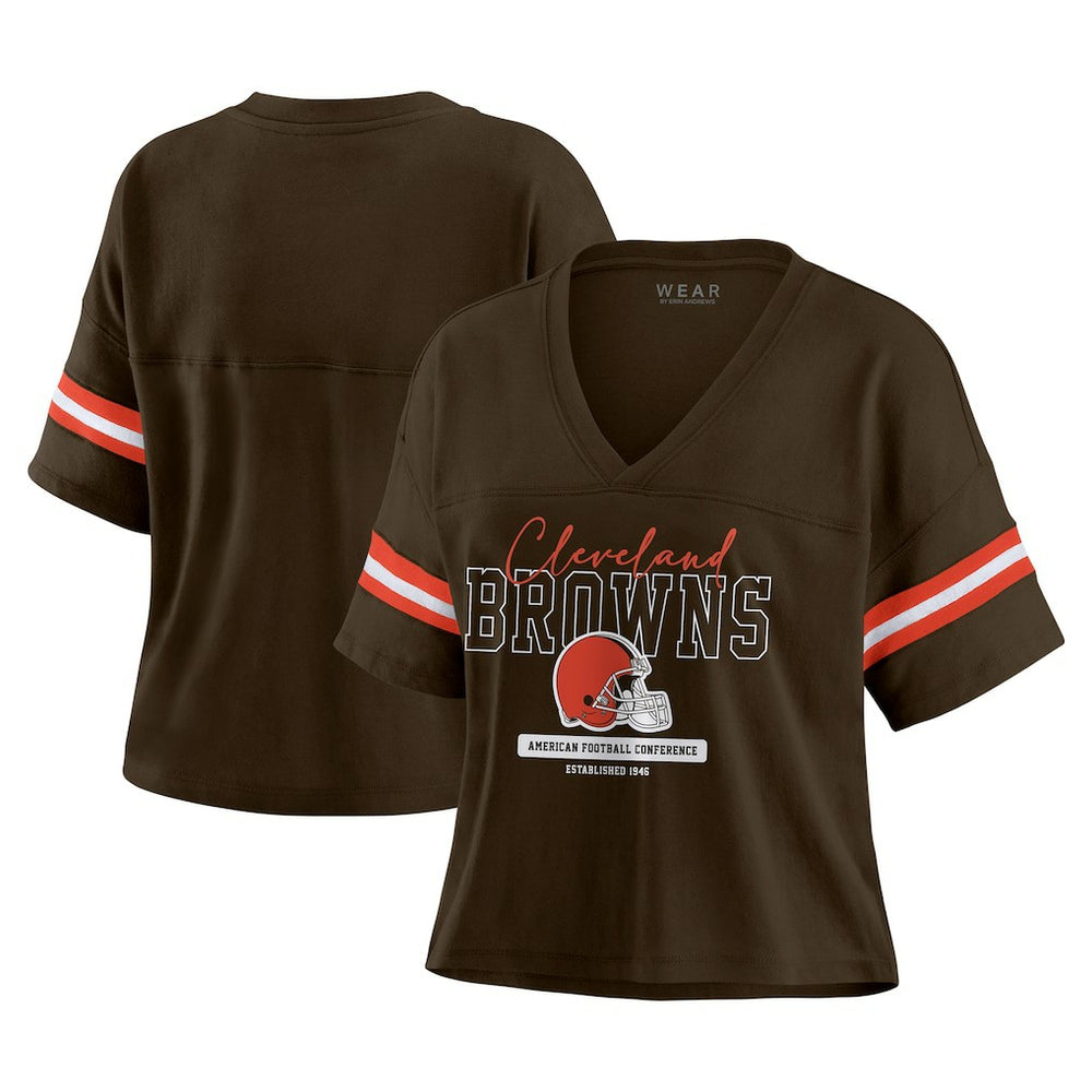 NFL Cleveland Browns WEAR by Erin Andrews Women's Color Block Boxy Modest Crop V-Neck T-Shirt