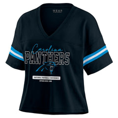 NFL Carolina Panthers WEAR by Erin Andrews Women's Color Block Boxy Modest Crop V-Neck T-Shirt