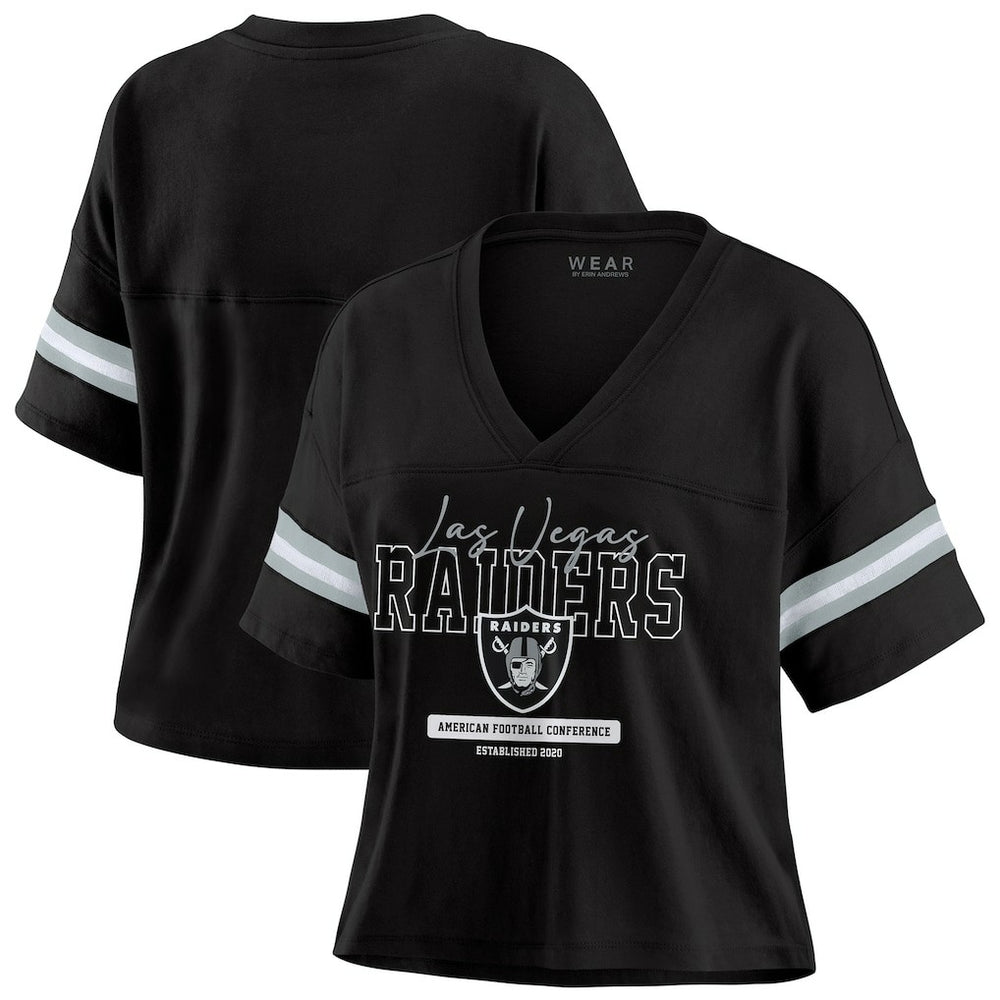 NFL Las Vegas Raiders WEAR by Erin Andrews Women's Color Block Boxy Modest Crop V-Neck T-Shirt