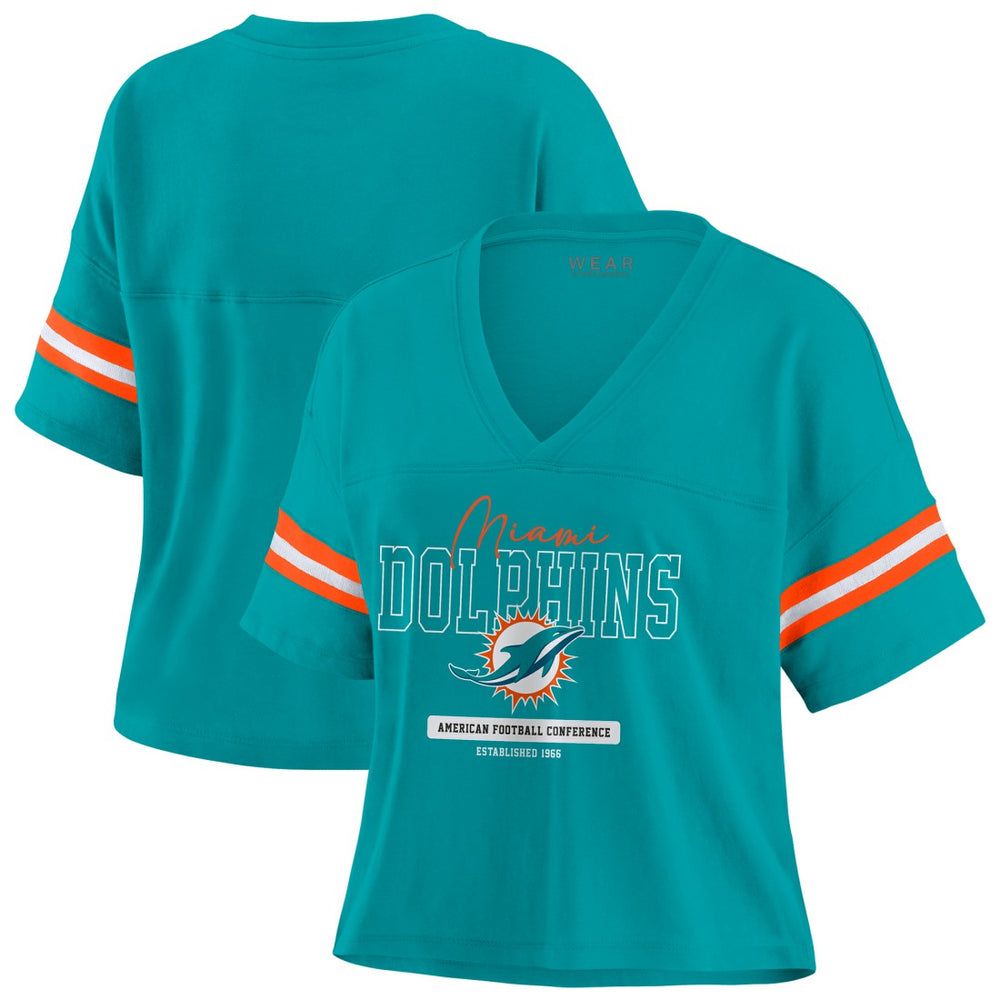 NFL Miami Dolphins WEAR by Erin Andrews Women's Color Block Boxy Modest Crop V-Neck T-Shirt
