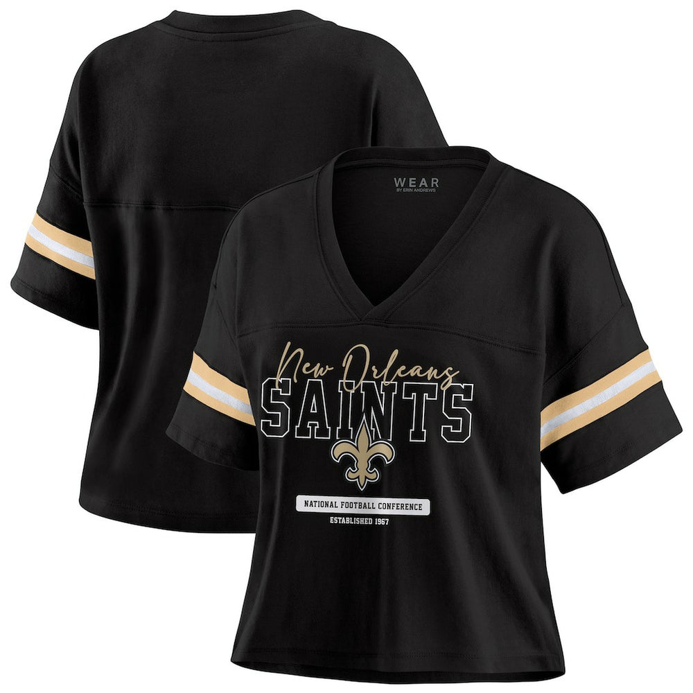 NFL New Orleans Saints WEAR by Erin Andrews Women's Color Block Boxy Modest Crop V-Neck T-Shirt