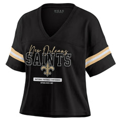 NFL New Orleans Saints WEAR by Erin Andrews Women's Color Block Boxy Modest Crop V-Neck T-Shirt