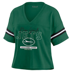 NFL New York Jets WEAR by Erin Andrews Women's Color Block Boxy Modest Crop V-Neck T-Shirt