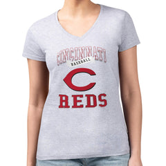 Cincinnati Reds G-III 4Her by Carl Banks Women's Super-Slim Fit Lightweight Team Logo Graphic V-Neck T-Shirt - Heather Gray