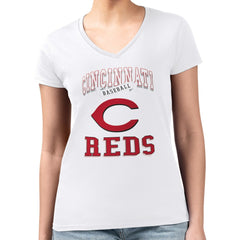 Cincinnati Reds G-III 4Her by Carl Banks Women's Super-Slim Fit Lightweight Team Logo Graphic V-Neck T-Shirt - White