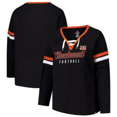 NFL Cincinnati Bengals Women's Plus Size Won & Done Lace-Up V-Neck Long Sleeve T-Shirt