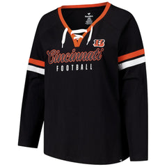 NFL Cincinnati Bengals Women's Plus Size Won & Done Lace-Up V-Neck Long Sleeve T-Shirt