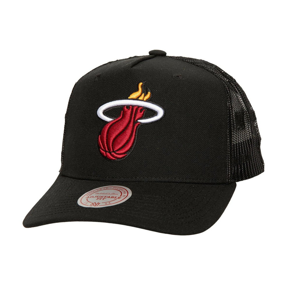 Miami Heat Monogram Allover Logo Mesh Trucker Adjustable Hat - Black | Mitchell & Ness on sale