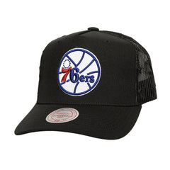 Philadelphia 76ers Monogram Allover Logo Mesh Trucker Adjustable Hat - Black | Mitchell & Ness outlet