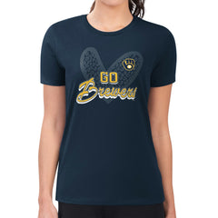 Milwaukee Brewers G-III 4Her by Carl Banks Women's Super-Slim Fit Lightweight Leopard Heart T-Shirt - Navy