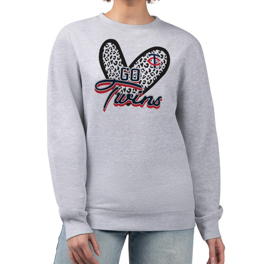 Minnesota Twins G-III 4Her by Carl Banks Women's Leopard Heart Pullover Sweatshirt - Heather Gray