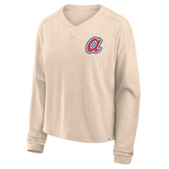 Atlanta Braves Women's Oversized Stadium Slub Long Sleeve Henley T-Shirt - Tan
