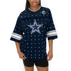 NFL Dallas Cowboys Gameday Couture Women's Kickoff Time Allover Rhinestone Sports Stripe Jersey V-Neck T-Shirt