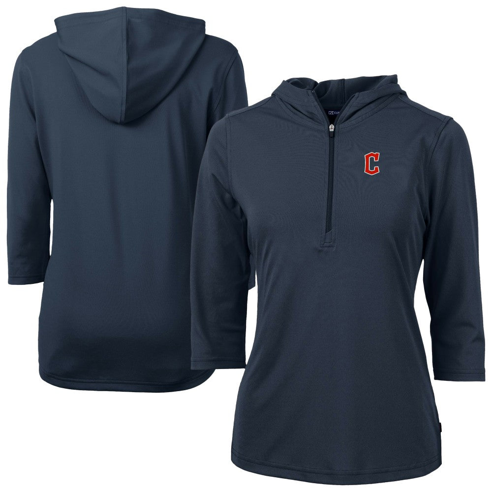 Cleveland Guardians Cutter & Buck Women's DryTec Virtue Eco Pique Recycled 3/4-Sleeve Half-Zip Pullover Hoodie - Navy