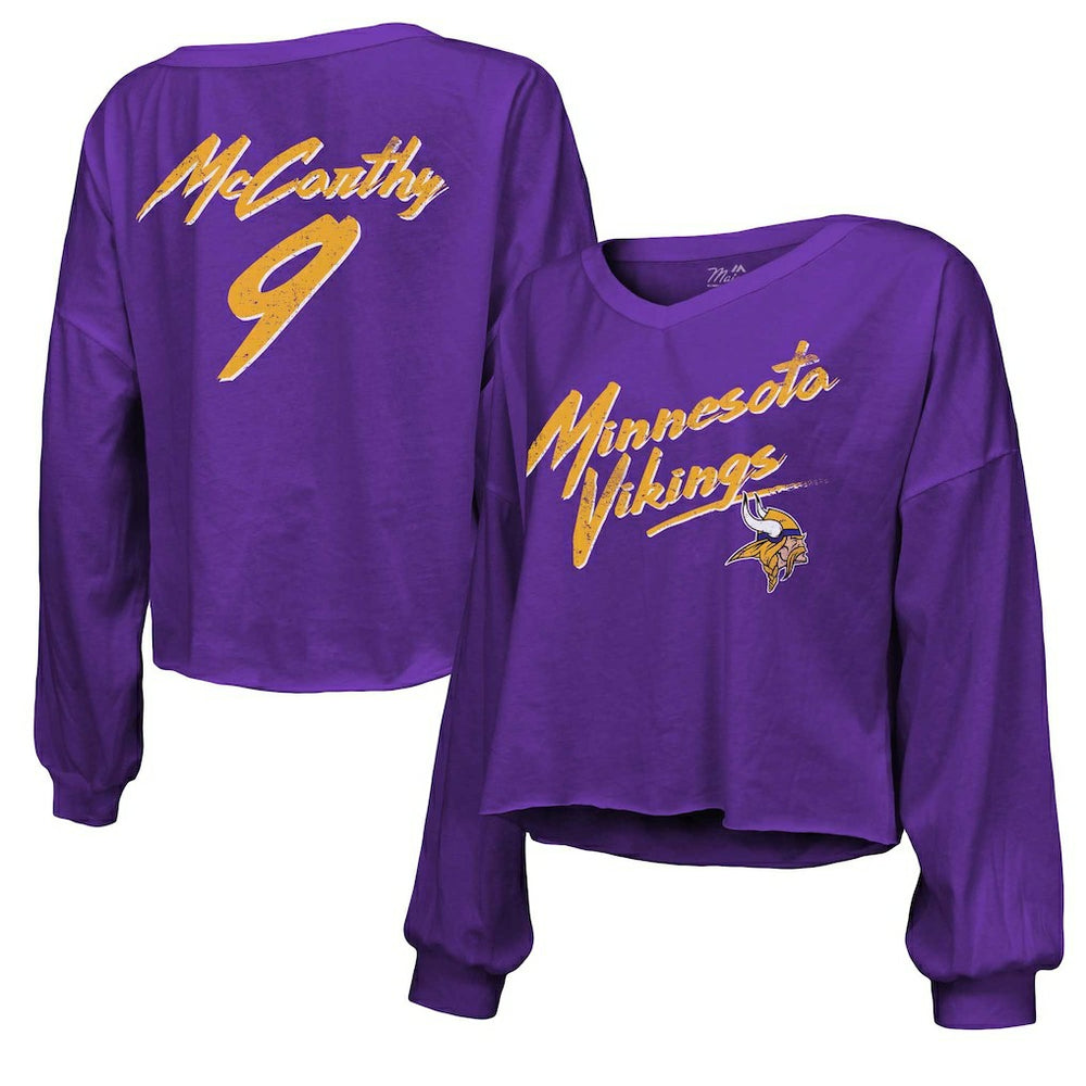 NFL Minnesota Vikings J.J. McCarthy Majestic Threads Women's Name & Number Off-Shoulder Script Cropped Long Sleeve V-Neck T-Shirt
