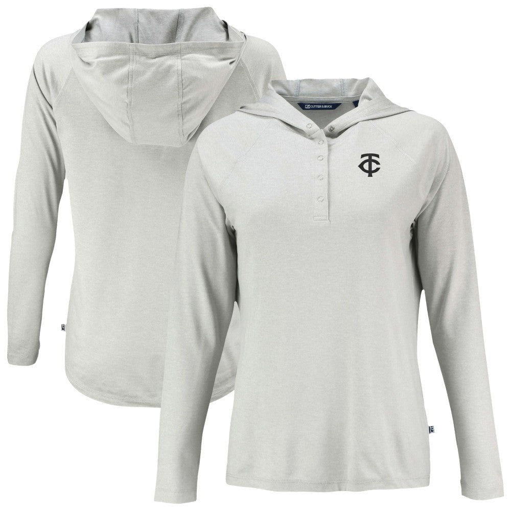 Minnesota Twins Cutter & Buck Women's Coastline Epic Comfort Eco Recycled Raglan Long Sleeve Hoodie T-Shirt - Gray