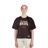 Cincinnati Reds Women's Cooperstown Collection Multiplier Pinstripe Cropped T-Shirt - Black | New Era