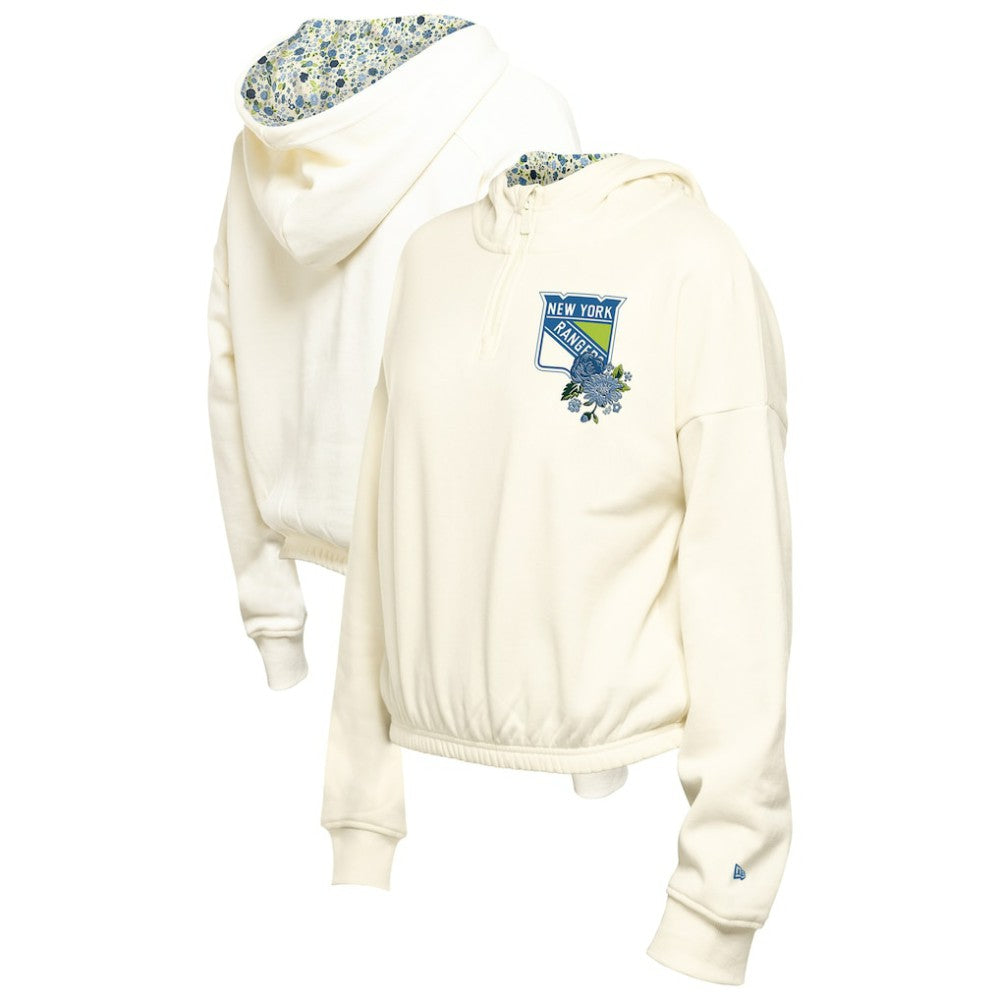 New York Rangers New Era Women's Glam Game Quarter-Zip Cropped Floral Hoodie Pullover