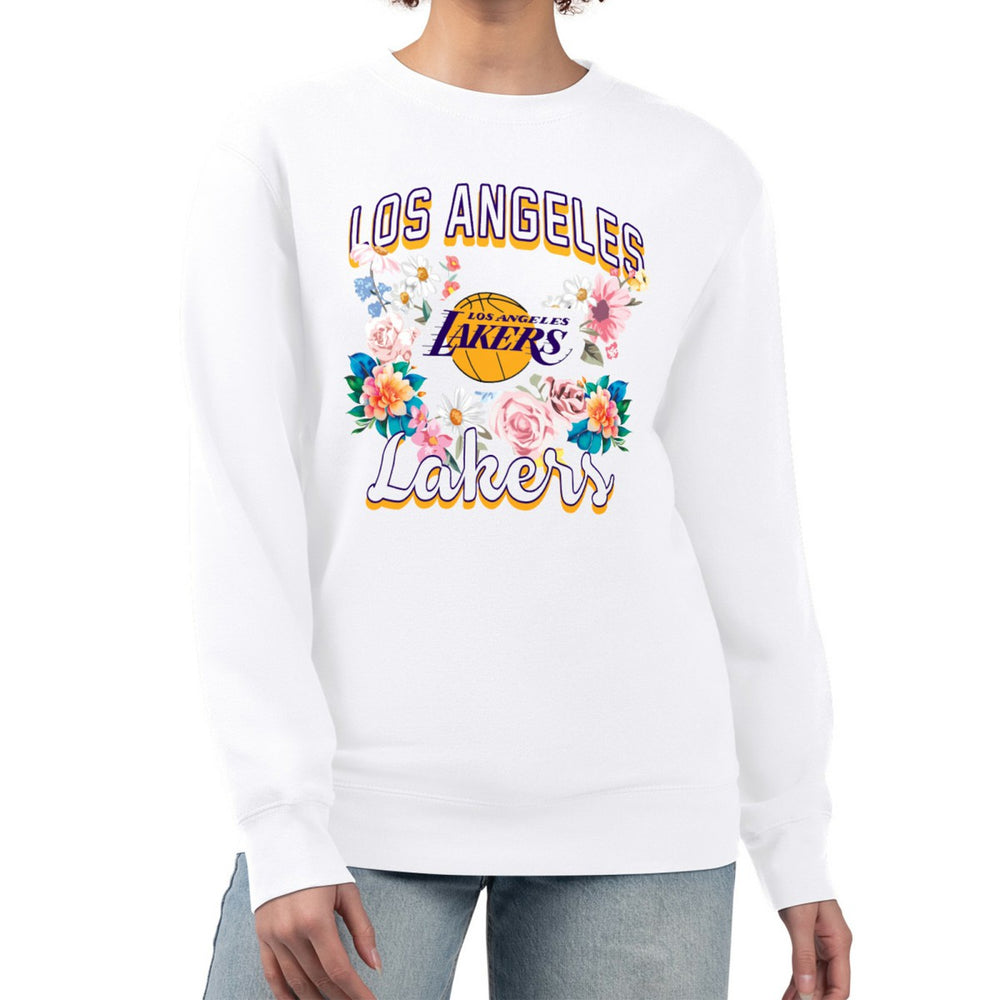 Los Angeles Lakers G-III 4Her by Carl Banks Women's Flowers Team Logo Graphic Fleece Crewneck Pullover Sweatshirt - White shop