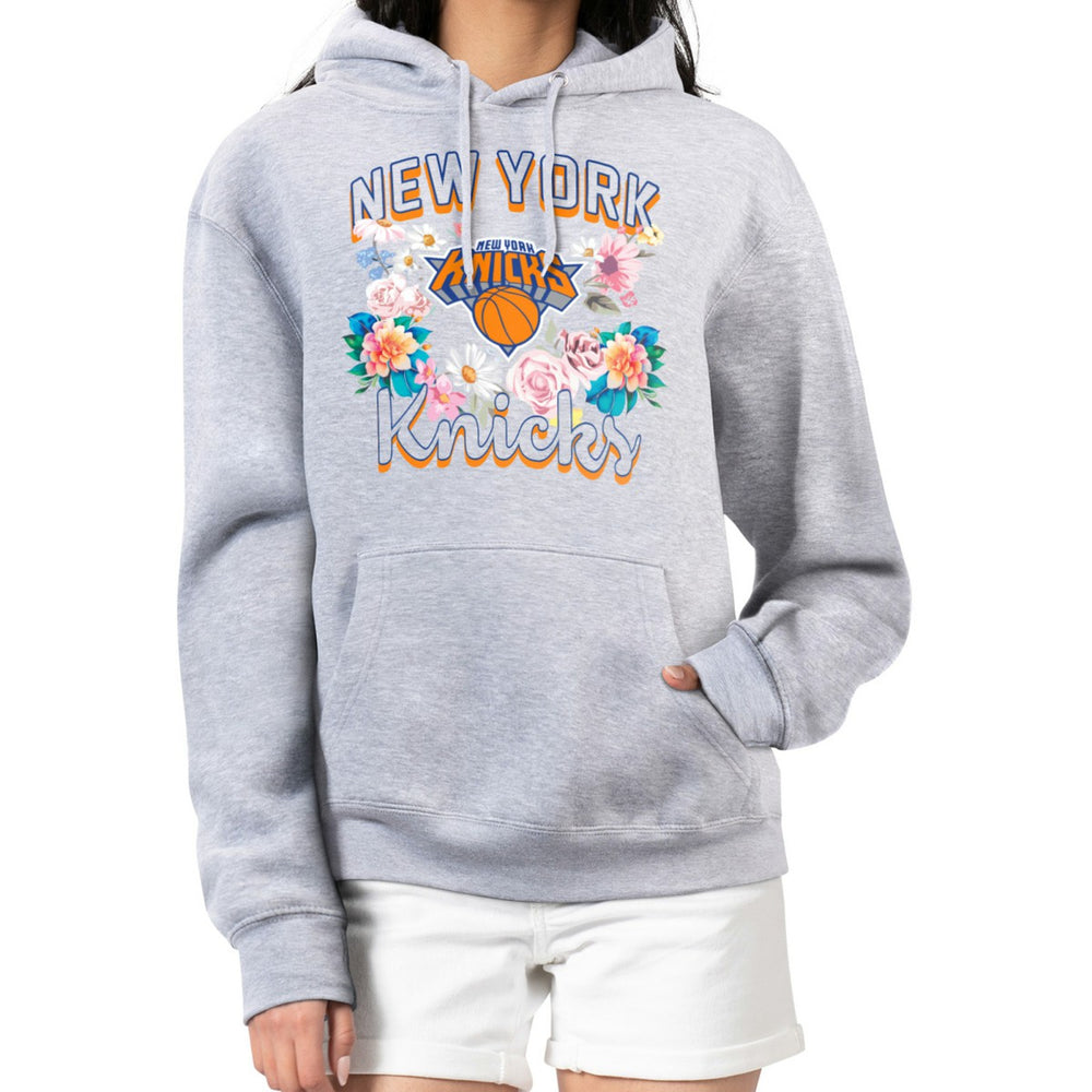 New York Knicks G-III 4Her by Carl Banks Women's Flowers Team Logo Graphic Fleece Pullover Hoodie - Heather Gray sale