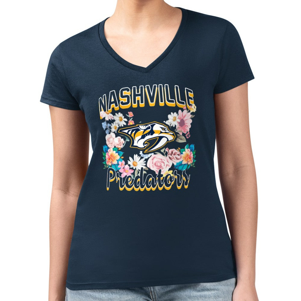 Nashville Predators G-III 4Her by Carl Banks Women's Super-Slim Fit Lightweight Flower Logo V-Neck T-Shirt