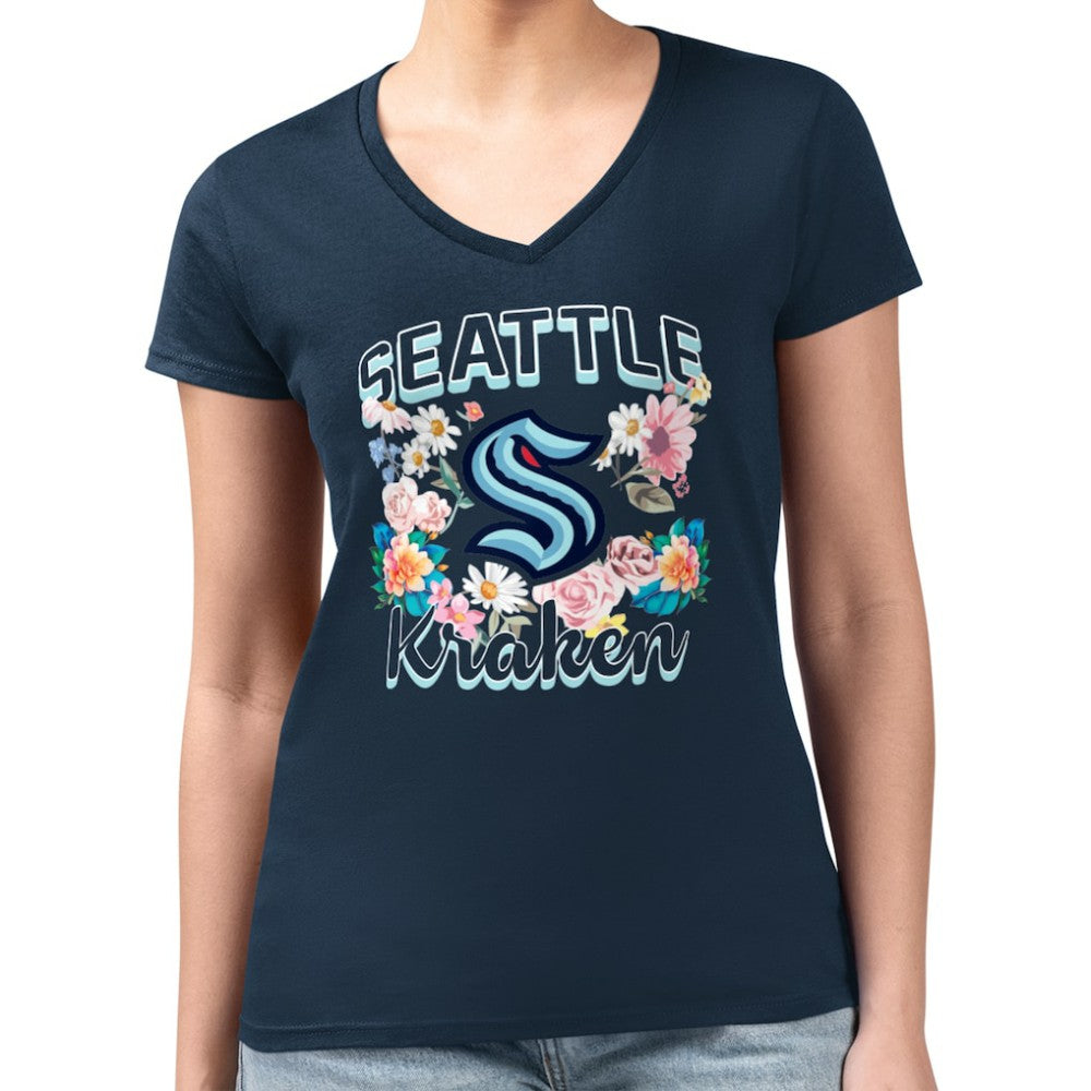 Seattle Kraken G-III 4Her by Carl Banks Women's Super-Slim Fit Lightweight Flower Logo V-Neck T-Shirt