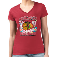 Chicago Blackhawks G-III 4Her by Carl Banks Women's Super-Slim Fit Lightweight Flower Logo V-Neck T-Shirt