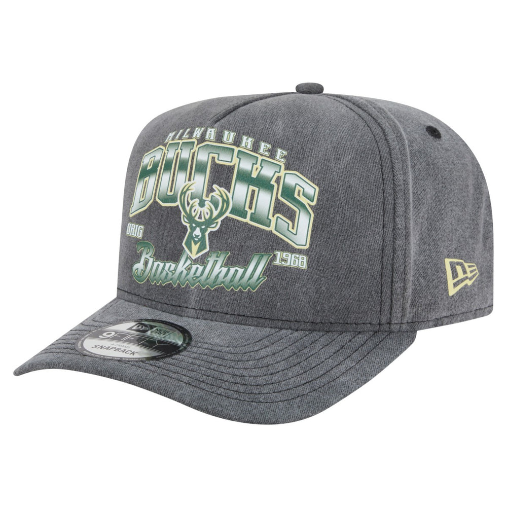 Milwaukee Bucks Throwback Washed Pre-Curved 9FIFTY Snapback Hat - Charcoal | New Era discount