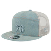 Philadelphia 76ers Adventure Denim Split Panel 9FIFTY Snapback Trucker Hat | New Era shop