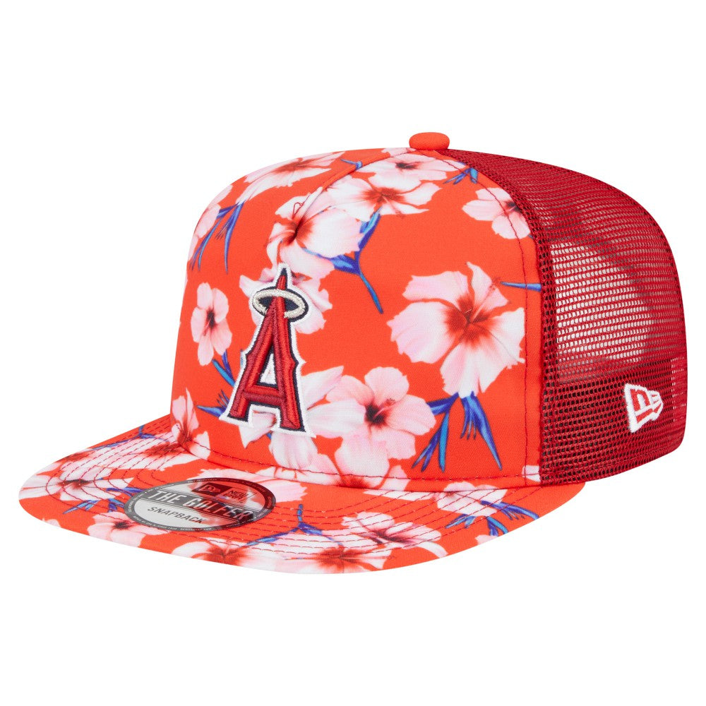 Los Angeles Angels Adventure Pattern Golfer Trucker Snapback Hat - Red | New Era