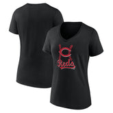 Cincinnati Reds Women's Fastball V-Neck T-Shirt - Black