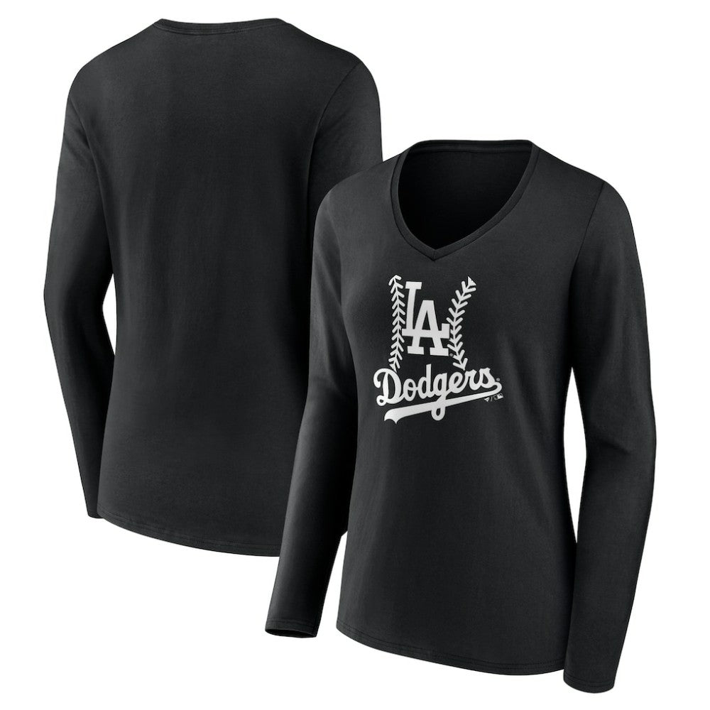 Los Angeles Dodgers Women's Fastball Long Sleeve V-Neck T-Shirt - Black